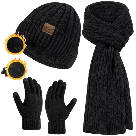 KOITHOT 3 Pcs Women Winter Beanie Hat Gloves Scarf Set, Chenille Winter Hat with Thick Soft Touch Screen Gloves Long Warm Scarf Knitted Black