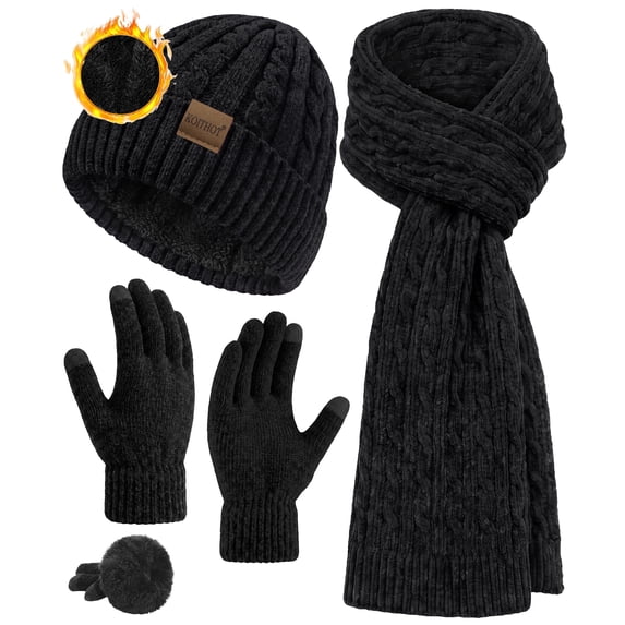 KOITHOT 3 Pcs Women Winter Beanie Hat Gloves Scarf Set, Chenille Winter Hat with Thick Soft Touch Screen Gloves Long Warm Scarf Knitted Black
