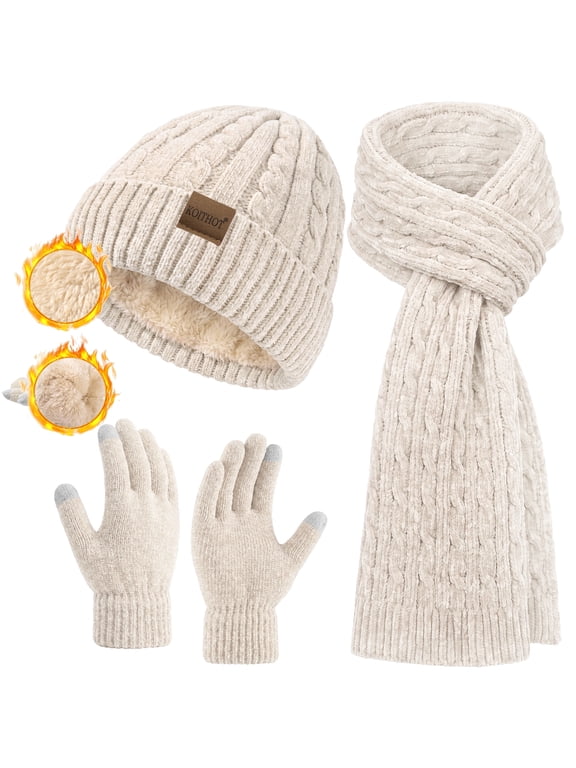 3 Pcs Women Winter Beanie Hat Gloves Scarf Set, Chenille Winter Hat with Thick Soft Touch Screen Gloves Long Warm Scarf Knitted Beige