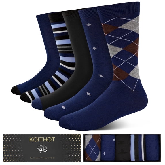 KOITHOT 5 Pack Men Dress Socks, Classic Business Crew Mens Socks Size 10 13 Gift Set