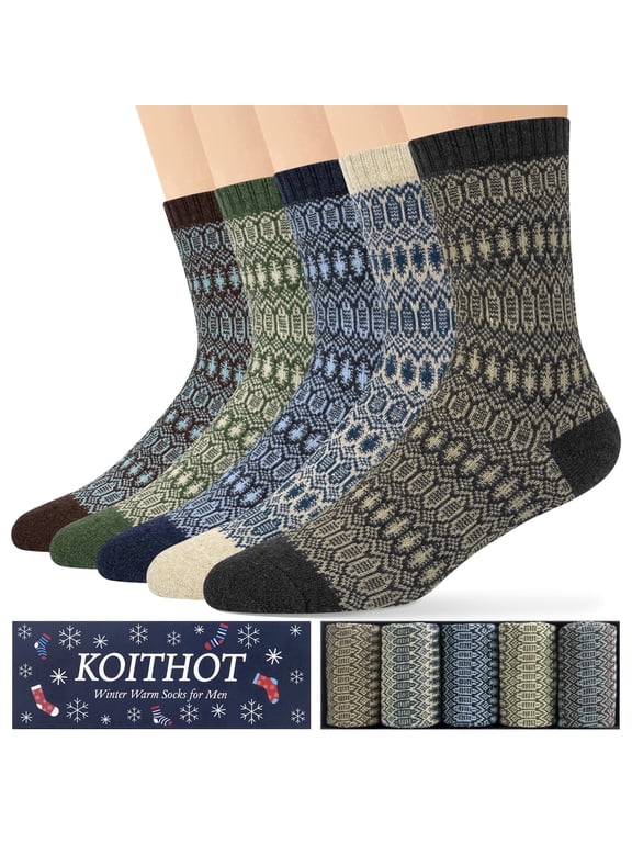 5 Pack Wool Socks for Men Thermal Winter Thick Crew Socks Vintage Design Men Socks Gift Pack