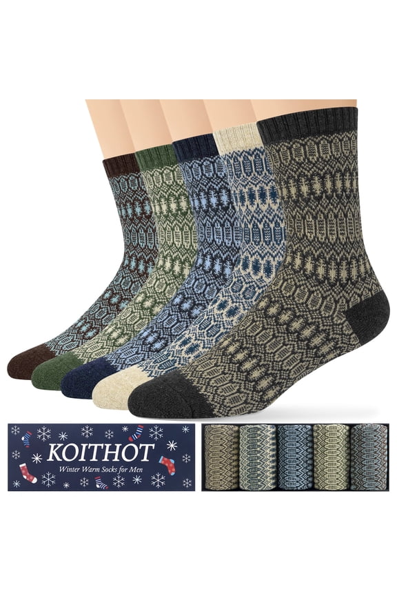 5 Pack Wool Socks for Men Thermal Winter Thick Crew Socks Vintage Design Men Socks Gift Pack