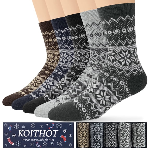 KOITHOT 5 Pack Wool Socks for Men Thermal Winter Thick Crew Socks Vintage Design Men Socks Gift Pack