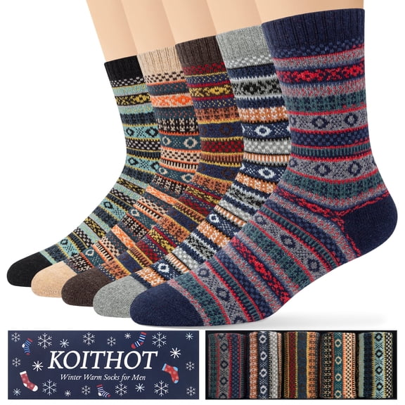 KOITHOT 5 Pack Wool Socks for Men Thermal Winter Thick Crew Socks Vintage Design Men Socks Gift Pack