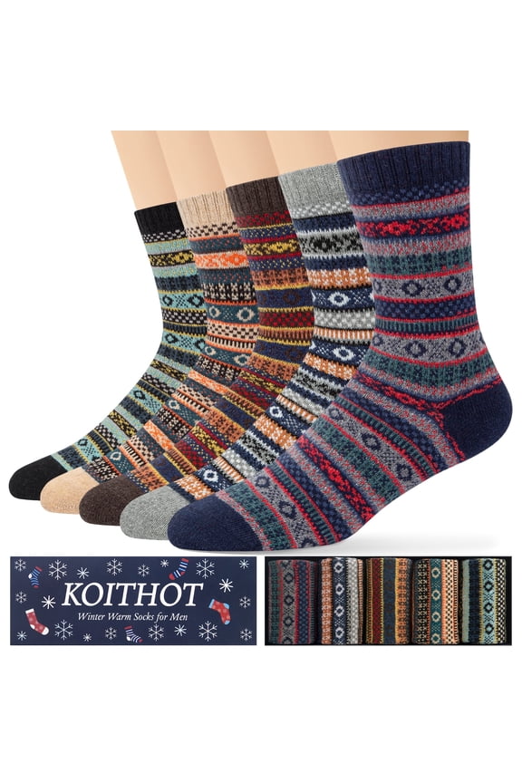 5 Pack Wool Socks for Men Thermal Winter Thick Crew Socks Vintage Design Men Socks Gift Pack