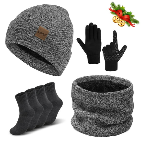 KOITHOT 5 Pcs Winter Beanie Hat Scarf Touchscreen Gloves Set with Wool Socks for Men Women Black and White Mixed Lines