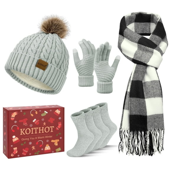 KOITHOT 5 Pcs Winter Beanie Hat Long Knit Plaid Scarf Touchscreen Gloves Wool Socks Set with Gift Box for Women Men Light Gray