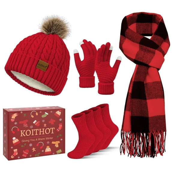 KOITHOT 5 Pcs Winter Beanie Hat Long Knit Plaid Scarf Touchscreen Gloves Wool Socks Set with Gift Box for Women Red