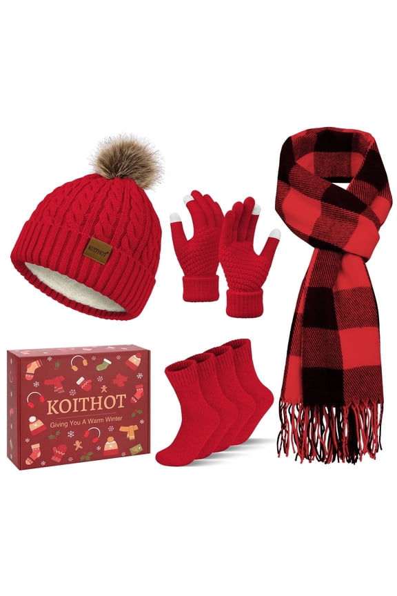 5 Pcs Winter Beanie Hat Long Knit Plaid Scarf Touchscreen Gloves Wool Socks Set with Gift Box for Women Red