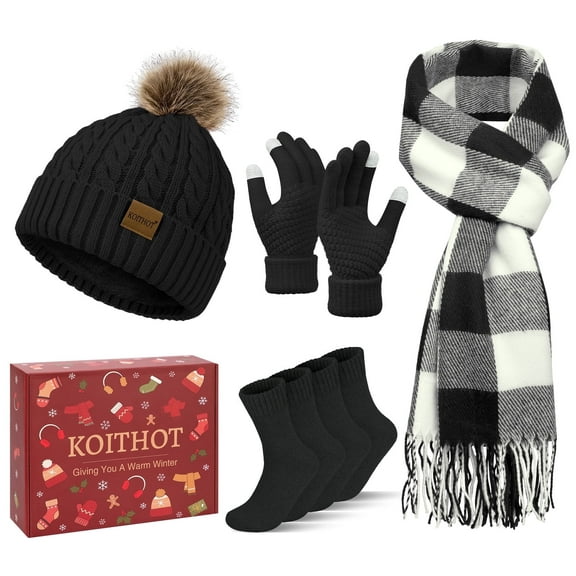 KOITHOT 5 Pcs Winter Beanie Hat Long Knit Plaid Scarf Touchscreen Gloves Wool Socks Set with Gift Box for Women Black