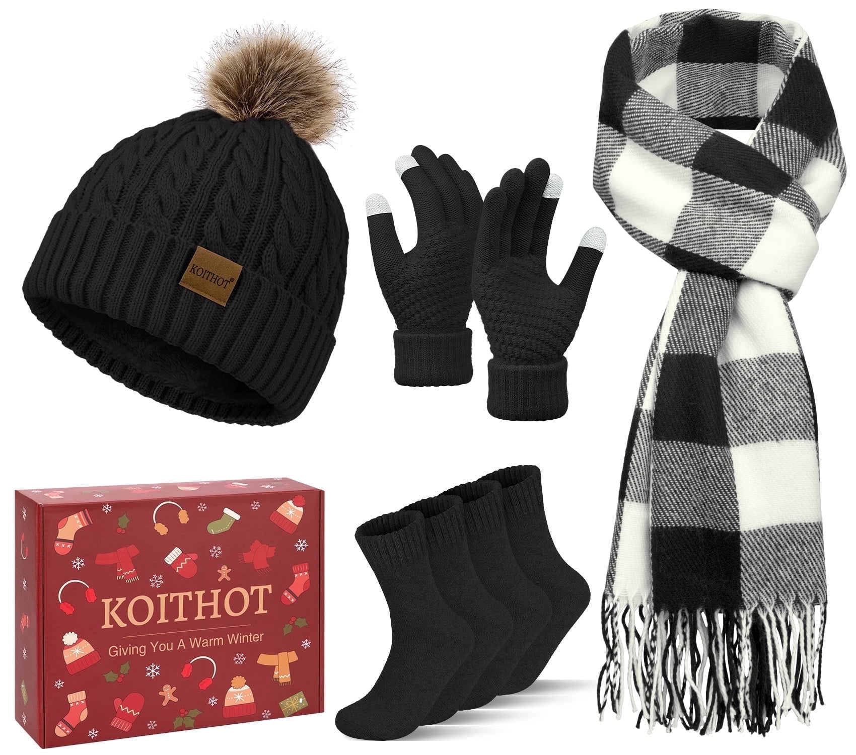 KOITHOT 5 Pcs Winter Beanie Hat Long Knit Plaid Scarf Touchscreen Gloves Wool Socks Set with Gift Box for Women Black