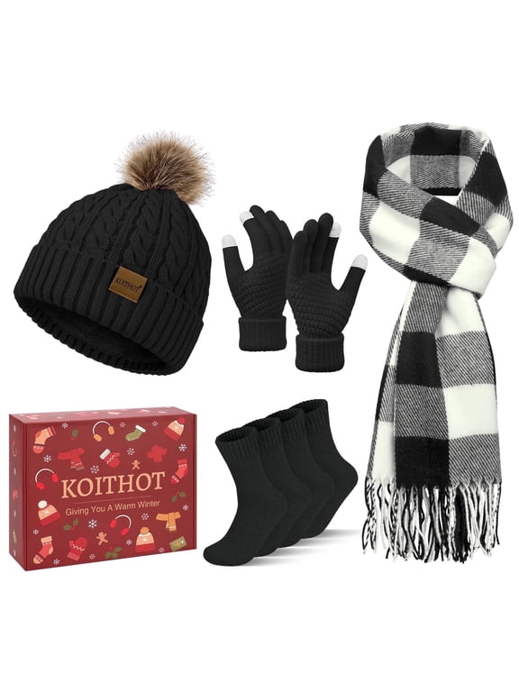 5 Pcs Winter Beanie Hat Long Knit Plaid Scarf Touchscreen Gloves Wool Socks Set with Gift Box for Women Black