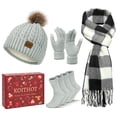 thumbnail image 1 of KOITHOT 5 Pcs Winter Beanie Hat Long Knit Plaid Scarf Touchscreen Gloves Wool Socks Set with Gift Box for Women Men Light Gray, 1 of 7