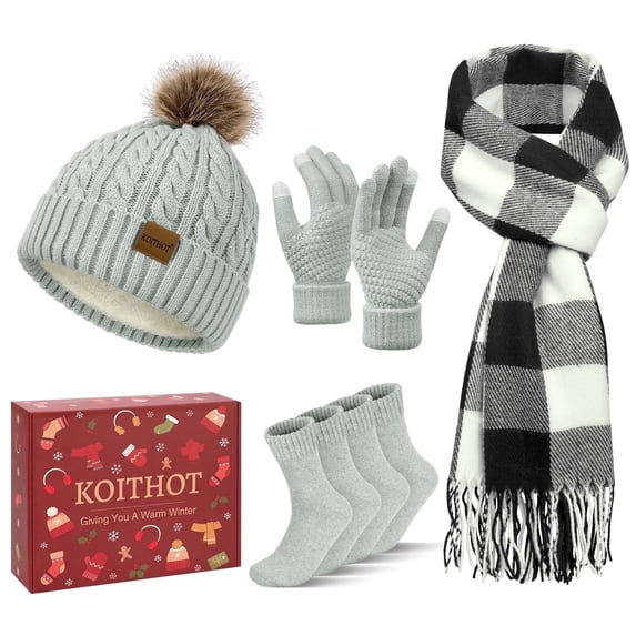 KOITHOT 5 Pcs Winter Beanie Hat Long Knit Plaid Scarf Touchscreen Gloves Wool Socks Set with Gift Box for Women Men Light Gray
