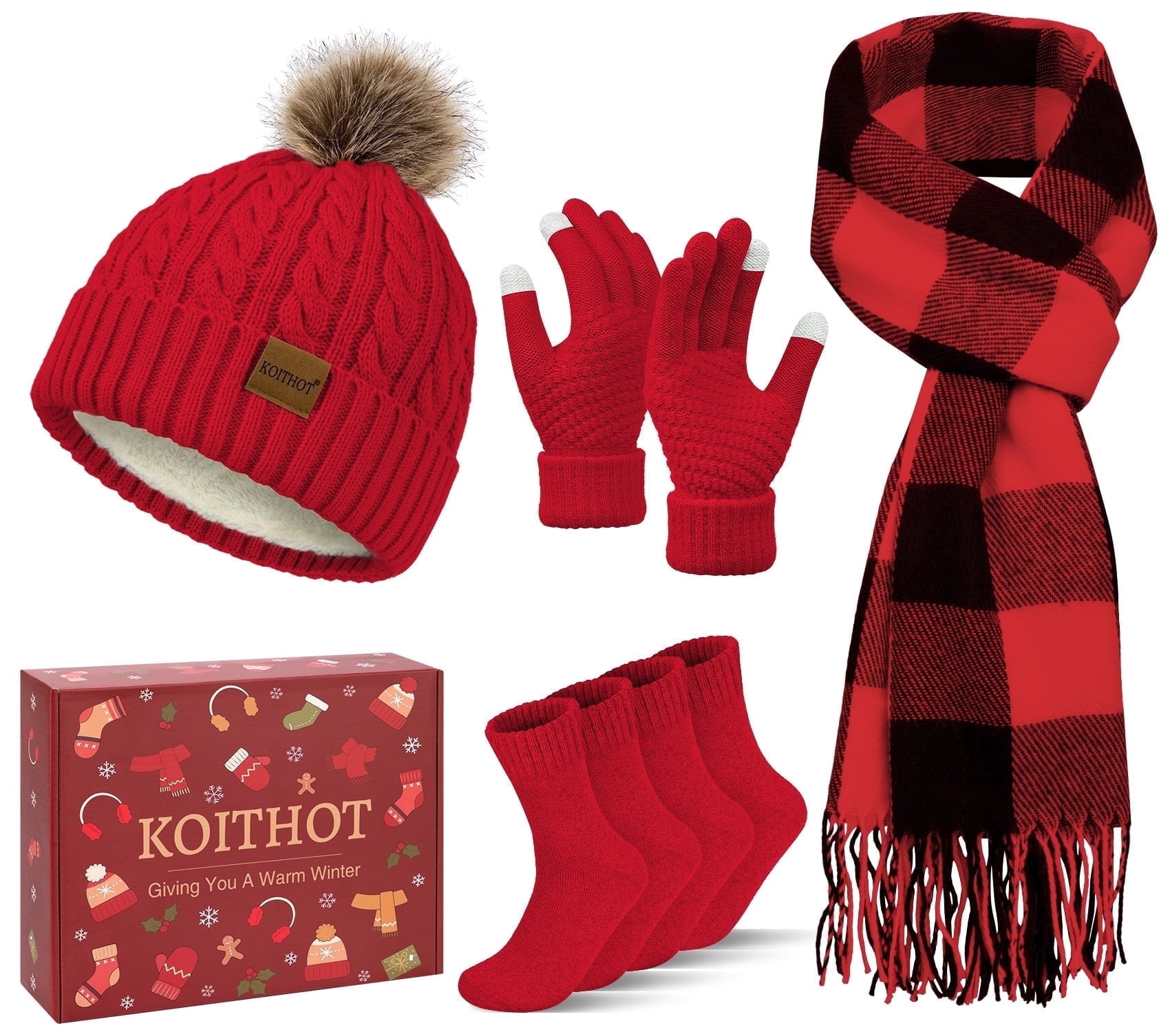 KOITHOT 5 Pcs Winter Beanie Hat Long Knit Plaid Scarf Touchscreen