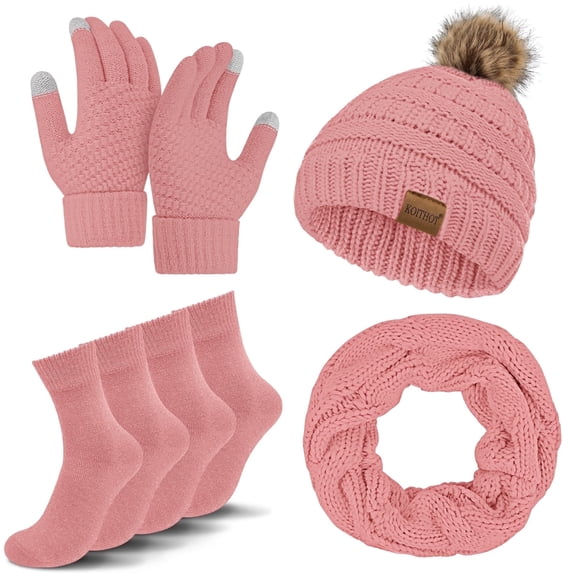 KOITHOT 5 Pcs Women Winter Beanie Hat Gloves Scarf Set, Warm Thick Soft Knitted Touch Screen Pink