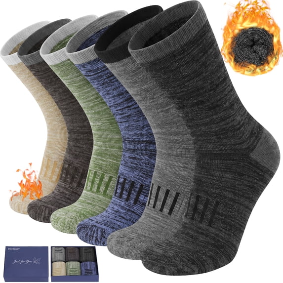KOITHOT 6 Pairs Wool Socks Mens, Thick Warm Thermal Cozy Cushioned Winter Socks for Men, Soft Hiking Casual Work Crew Men Socks Gift Pack