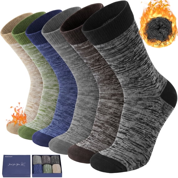 KOITHOT 6 Pairs Wool Socks Mens, Thick Warm Thermal Cozy Cushioned Winter Socks for Men, Soft Hiking Casual Work Crew Men Socks Gift Pack