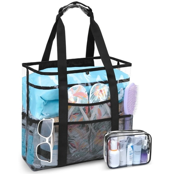 KOITHOT Large Beach Bag Clear Waterproof Pool Tote Bag for Women with 10 Pockets and Pouch for Summer Vacation Beach Essentials