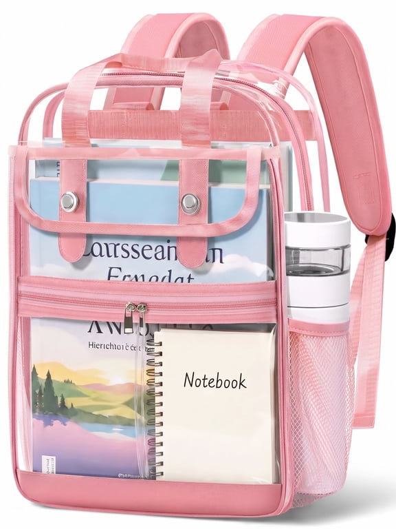Clear Backpacks Large Heavy Duty PVC Waterproof Transparent Bookbag for School Adult Work, Pink