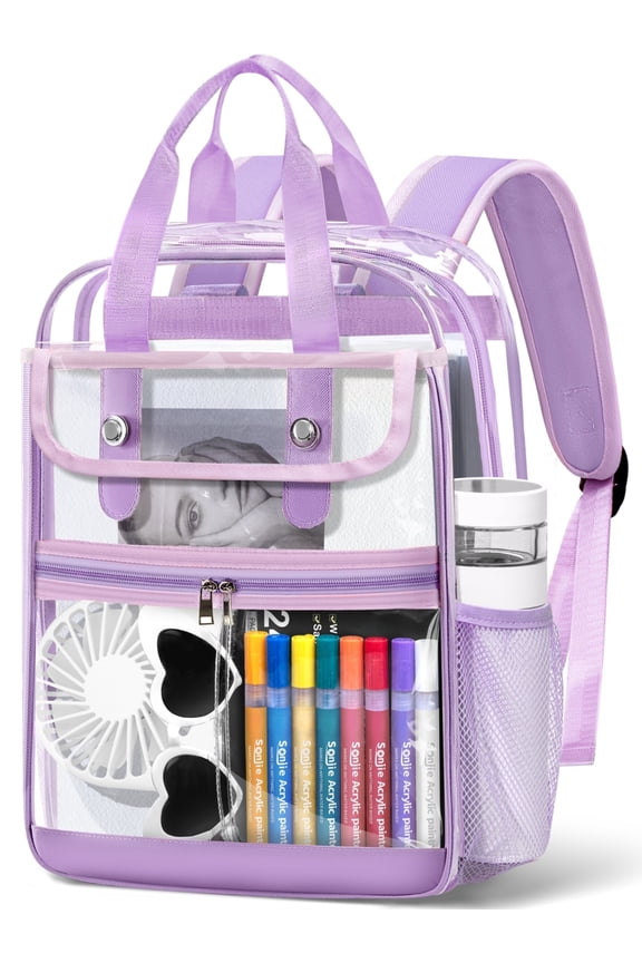 Clear Backpacks Large Heavy Duty PVC Waterproof Transparent Bookbag for School Adult Work, Purple