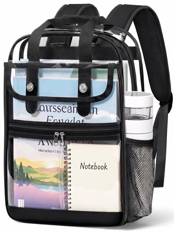 Clear Backpacks Large Heavy Duty PVC Waterproof Transparent Bookbag for School Adult Work, Black