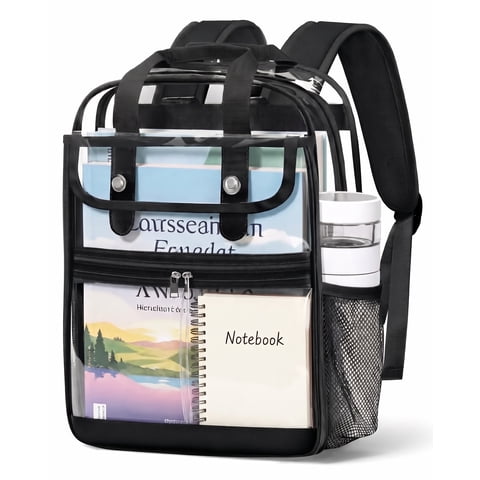 Clear Backpacks Large Heavy Duty PVC Waterproof Transparent Bookbag for School Adult Work, Black