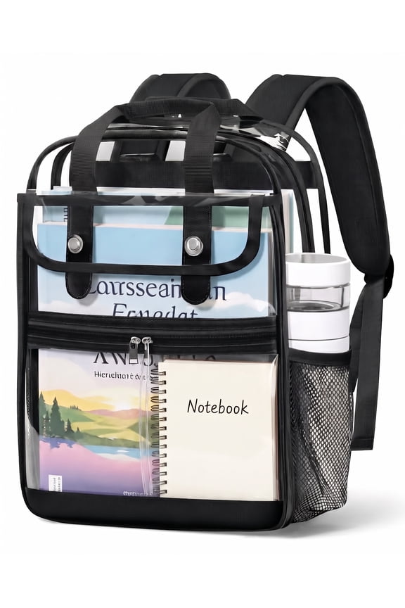 Clear Backpacks Large Heavy Duty PVC Waterproof Transparent Bookbag for School Adult Work, Black