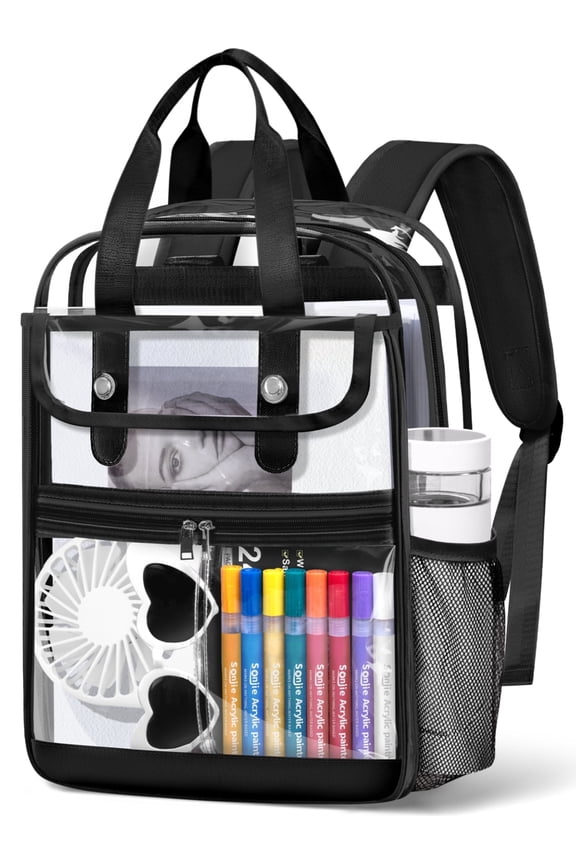 Clear Backpacks Large Heavy Duty PVC Waterproof Transparent Bookbag for School Adult Work, Black