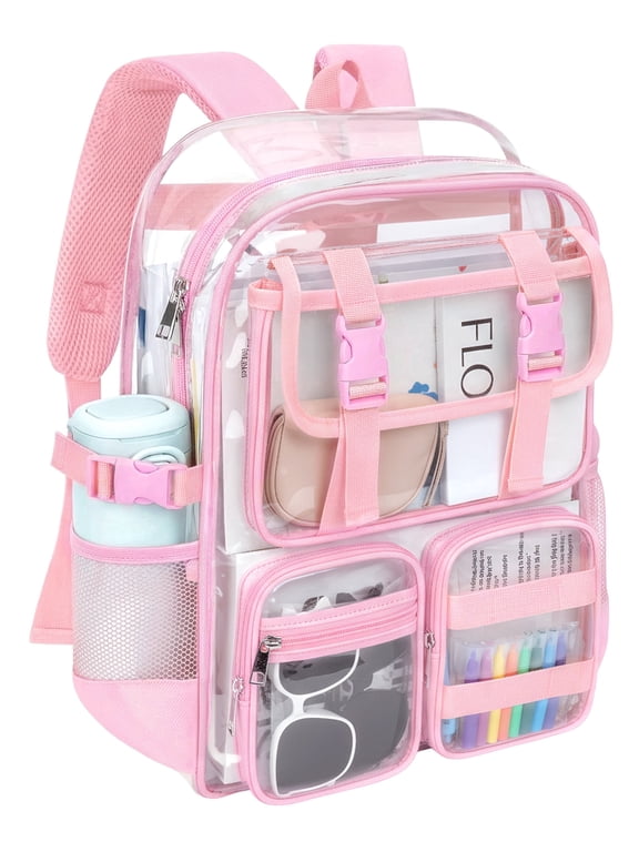 Clear Backpack Heavy Duty, Waterproof PVC Transparent Backpacks for Adults, Pink Book Bag for School Travel