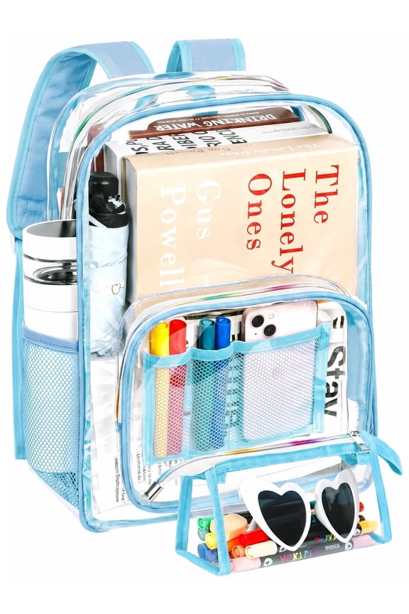 Clear Backpacks Heavy Duty, Large Capacity Waterproof Transparent Backpacks for Adults, Bookbags with Matching Pouch for School Stadium College, Blue