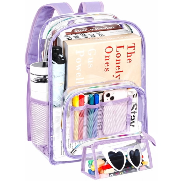 KOITHOT Clear Backpacks Heavy Duty, Large Capacity Waterproof Transparent Backpacks for Adults, Bookbags with Matching Pouch for School Stadium College, Purple