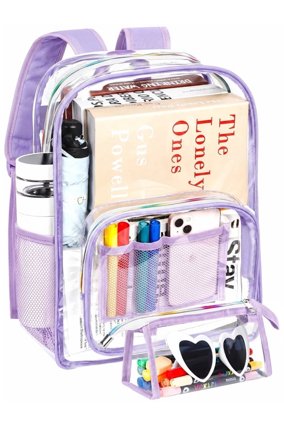 Clear Backpack Heavy Duty, Stadium Approved Transparent Book Bag, See Through PVC Clear Bookbag for School Stadium Travel Work, Backpacks for Adults Men Women, Purple