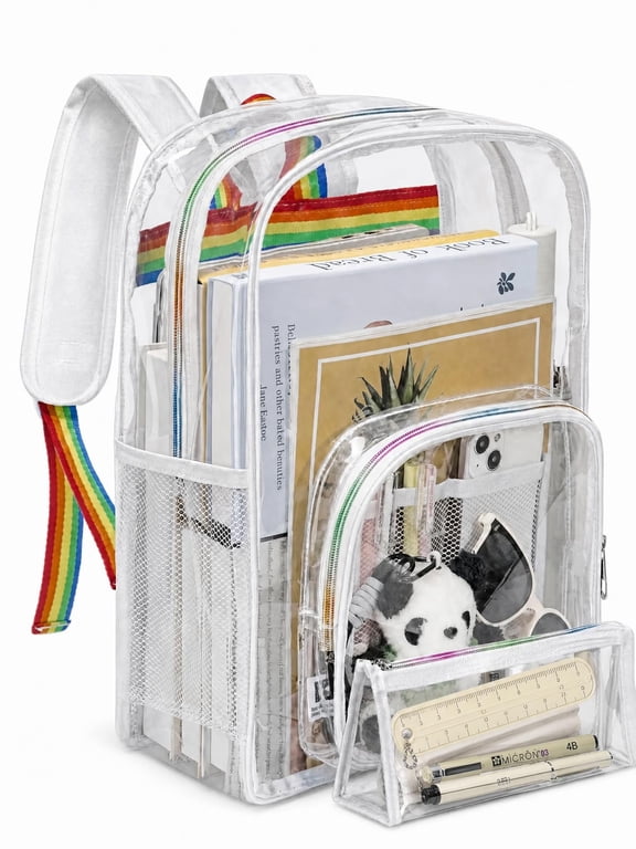Clear Backpacks Heavy Duty, Large Capacity Waterproof Transparent Backpacks for Adults, Bookbags with Matching Pouch for School Stadium College, White
