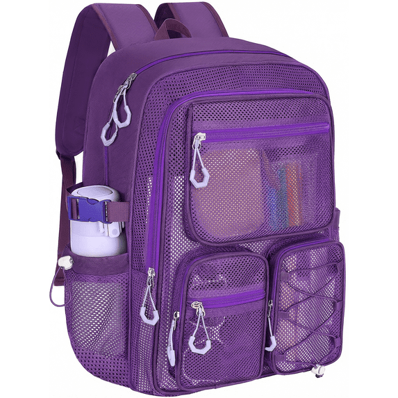 KOITHOT Mesh Backpack Heavy Duty, Stadium Approved Multi-Pocket Beach Backpacks for Adults, See Through Transparent Mesh Bookbag for School & Travel(Purple)