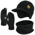 thumbnail image 1 of KOITHOT 3 Pcs Winter Beanie Hat with Brim and Ear Flaps Knitted Line Neck Warmer Touchscreen Gloves Set for Men Black, 1 of 6