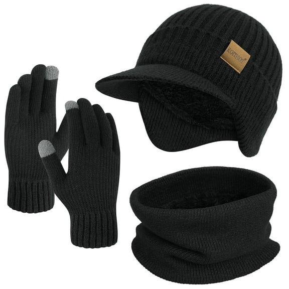 KOITHOT 3 Pcs Winter Beanie Hat with Brim and Ear Flaps Knitted Line Neck Warmer Touchscreen Gloves Set for Men Black