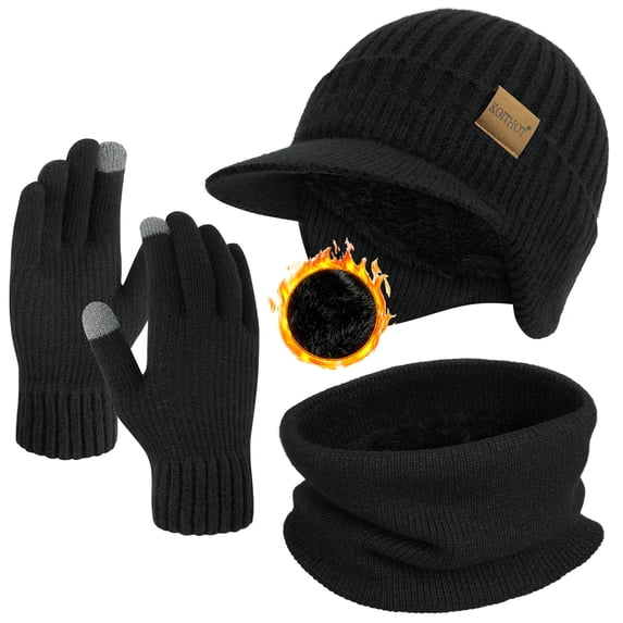 KOITHOT 3 Pcs Winter Beanie Hat with Brim and Ear Flaps Knitted Line Neck Warmer Touchscreen Gloves Set for Men Black