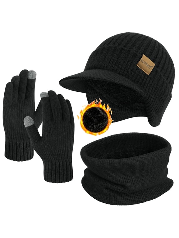 3 Pcs Winter Beanie Hat with Brim and Ear Flaps Knitted Line Neck Warmer Touchscreen Gloves Set for Men Black