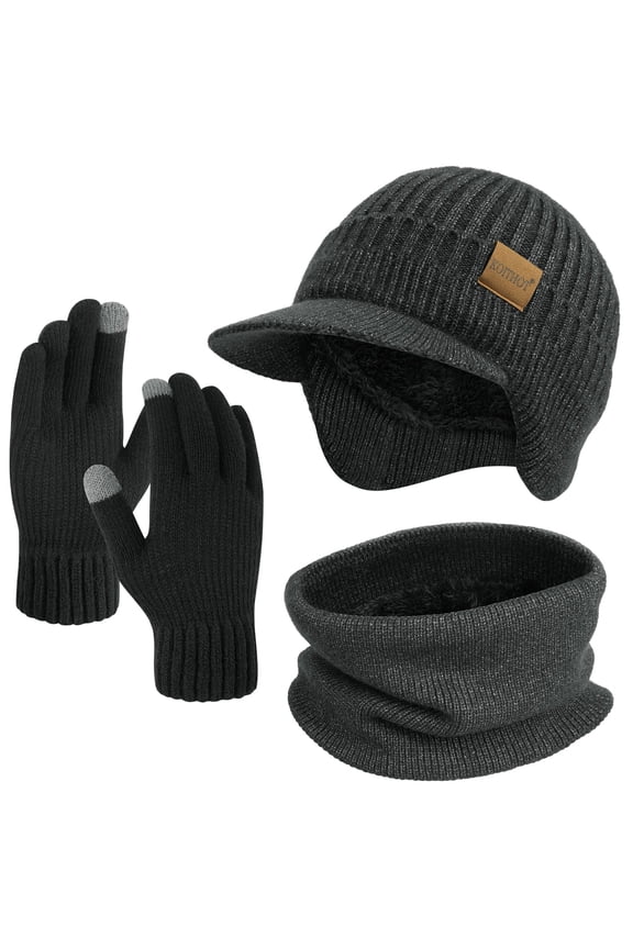 3 Pcs Winter Beanie Hat with Brim and Ear Flaps Knitted Line Neck Warmer Touchscreen Gloves Set for Men Slate Gray