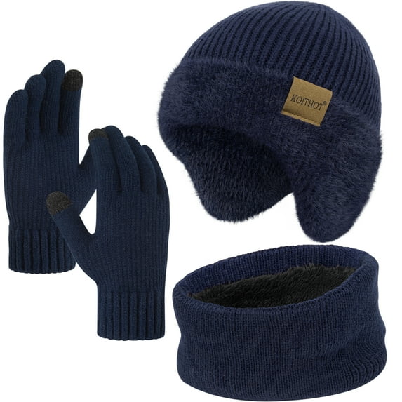 KOITHOT 3 Pcs Winter Beanie Hat with Ear Flaps Knitted Neck Warmer Touchscreen Gloves Set for Men Navy Blue