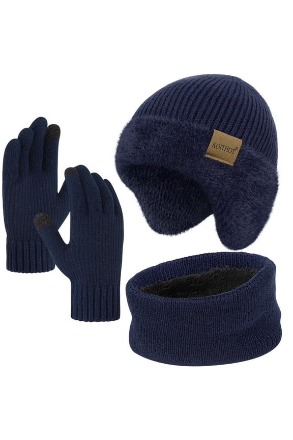 3 Pcs Winter Beanie Hat with Ear Flaps Knitted Neck Warmer Touchscreen Gloves Set for Men Navy Blue