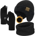 thumbnail image 1 of KOITHOT 3 Pcs Winter Beanie Hat with Ear Flaps Knitted Neck Warmer Touchscreen Gloves Set for Men Slate Gray, 1 of 6