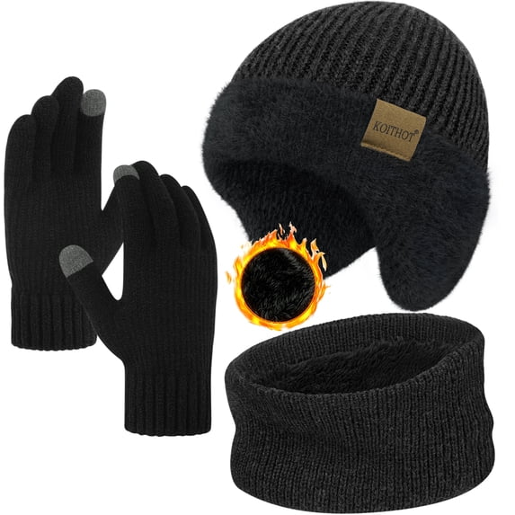 KOITHOT 3 Pcs Winter Beanie Hat with Ear Flaps Knitted Neck Warmer Touchscreen Gloves Set for Men Slate Gray