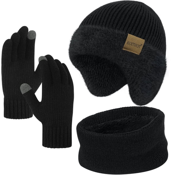 KOITHOT 3 Pcs Winter Beanie Hat with Ear Flaps Knitted Neck Warmer Touchscreen Gloves Set for Men Black