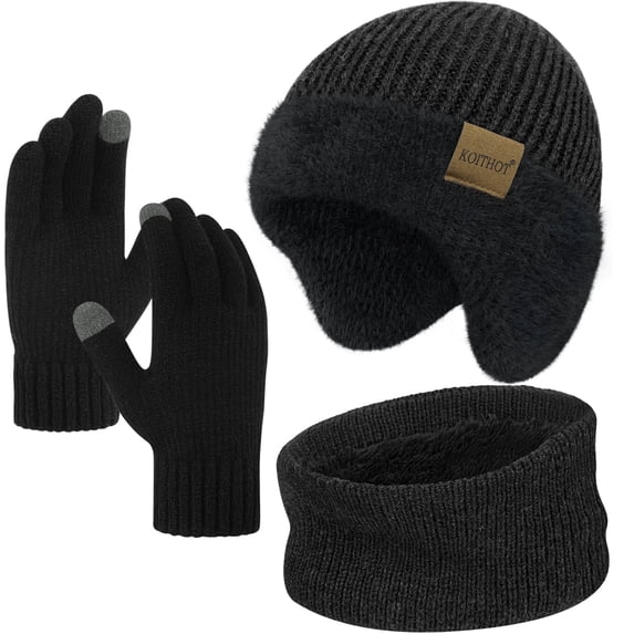 KOITHOT 3 Pcs Winter Beanie Hat with Ear Flaps Knitted Neck Warmer Touchscreen Gloves Set for Men Slate Gray