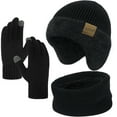 thumbnail image 1 of KOITHOT 3 Pcs Winter Beanie Hat with Ear Flaps Knitted Neck Warmer Touchscreen Gloves Set for Men Black, 1 of 6