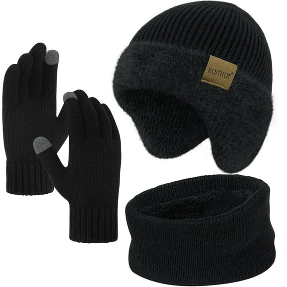 KOITHOT 3 Pcs Winter Beanie Hat with Ear Flaps Knitted Neck Warmer Touchscreen Gloves Set for Men Black