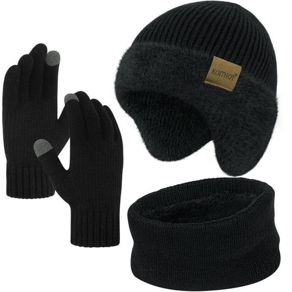 KOITHOT 3 Pcs Winter Beanie Hat with Ear Flaps Knitted Neck Warmer Touchscreen Gloves Set for Men Black