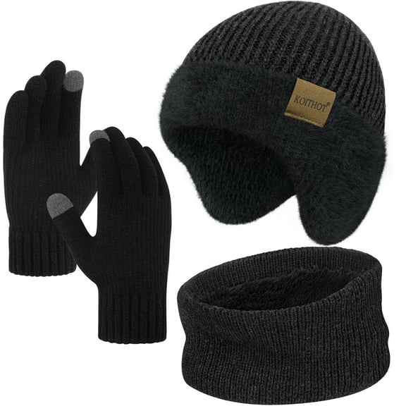 KOITHOT 3 Pcs Winter Beanie Hat with Ear Flaps Knitted Neck Warmer Touchscreen Gloves Set for Men Slate Gray
